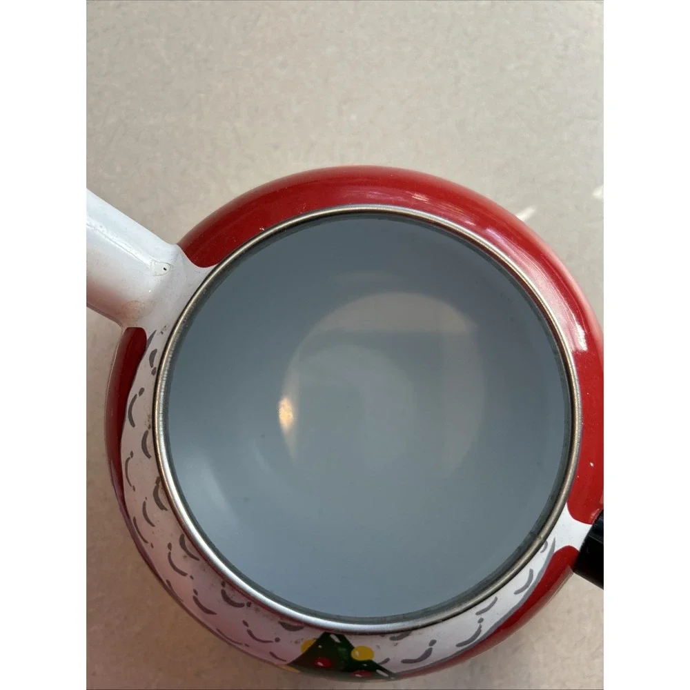ROSHKO PORCELAIN Enamel on Steel Santa StoveTop Whistle Kettle Pot 3QT Christmas